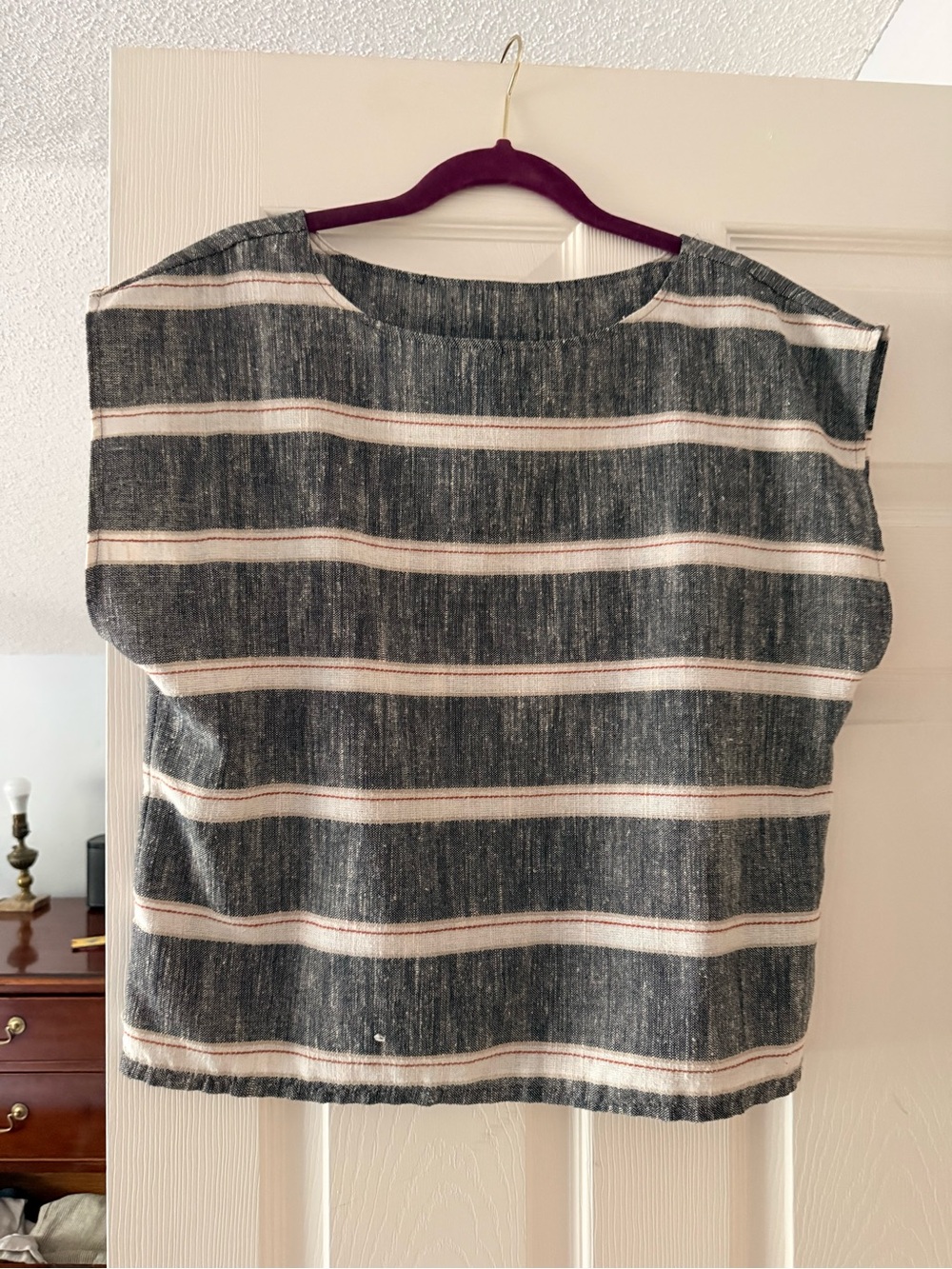 Striped Boxy Linen Top in Charcoal and Cream - Red Stripe